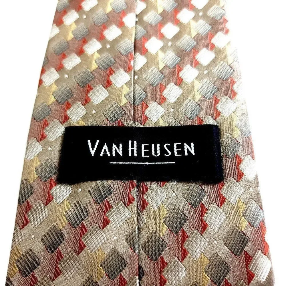 Van Heusen Brown Tan Red Woven Geometric Stain Resistant Silk Tie‎